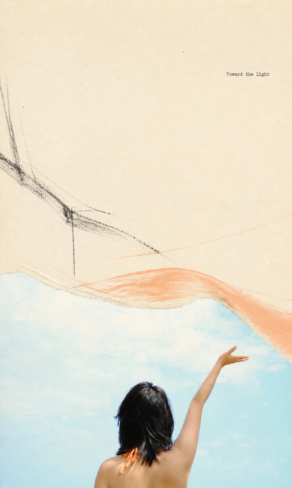 拼贴中，女子伸手迎向海边天空